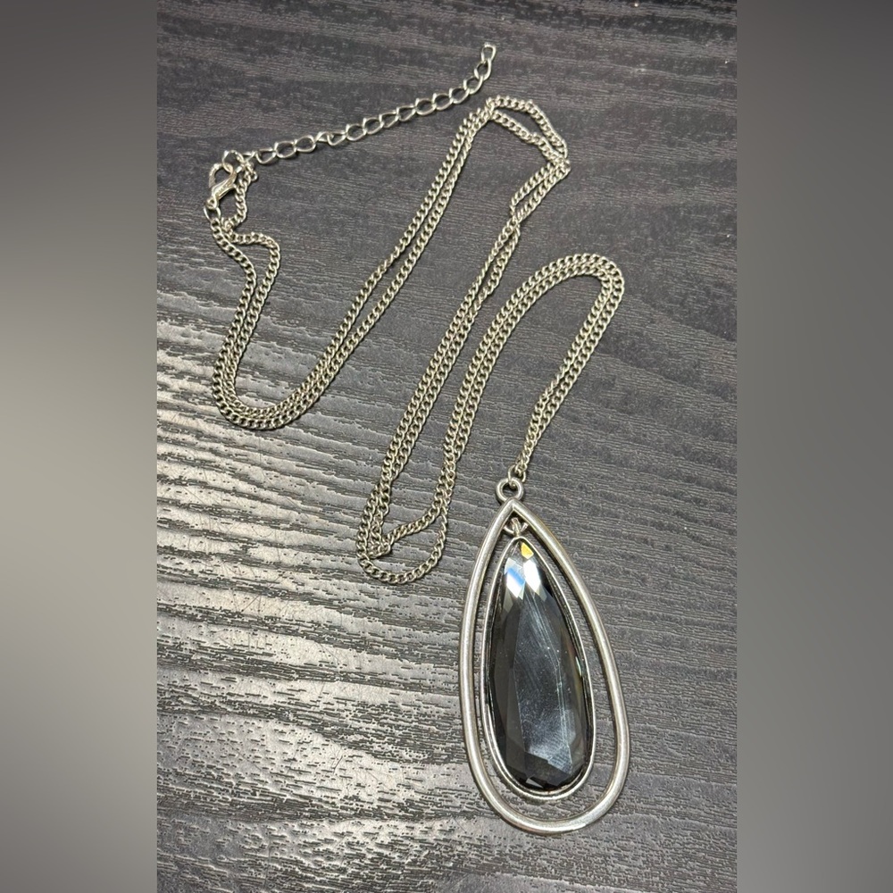 Silver-Tone Teardrop Crystal Pendant Necklace - Women Jewelry